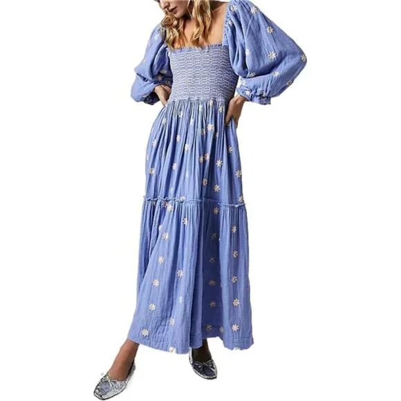 Dresses | Womens Embroidered Floral Maxi Dress Lantern Sleeve Square Neck Tiered Flowy | Poshmark Dresses | Womens Embroidered Floral Maxi Dress Lantern Sleeve Square Neck Tiered Flowy | Poshmark